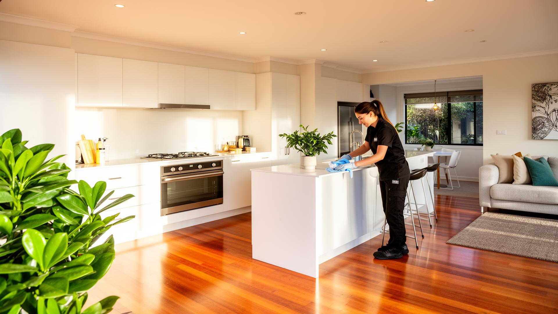 A bright modern West Melbourne home interior with a cleaner at work